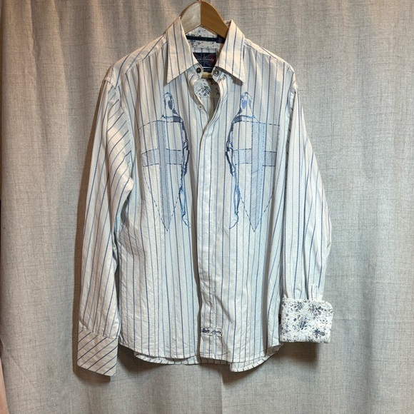 ENGLISH LAUNDRY long sleeve blue white stripe floral KNIGHTS SHIELD shirt. Large - Picture 14 of 16